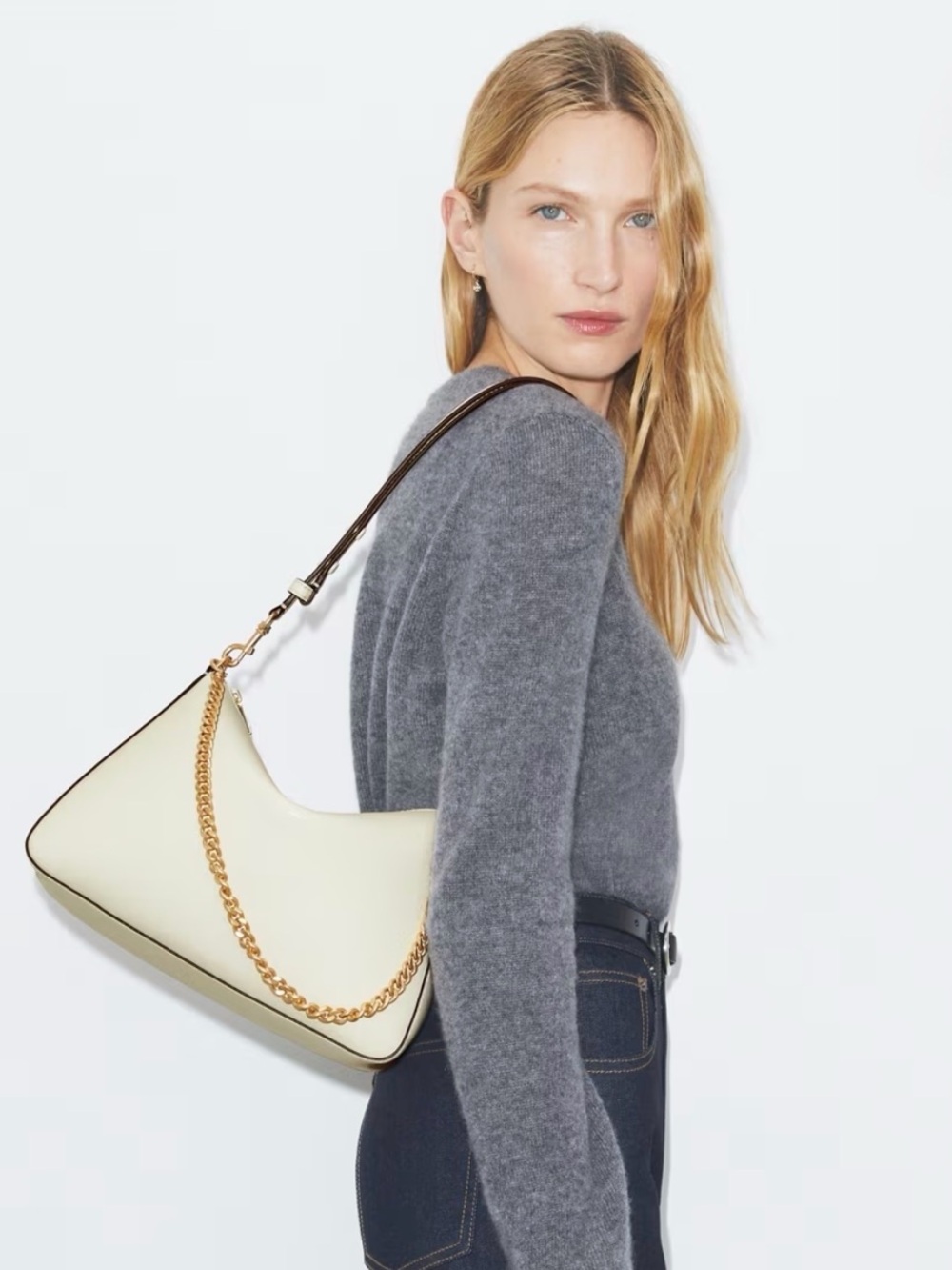 NWT Tory Burch Perry Shoulder Bag Warm White Pebbled Leather Chain Dust Bag